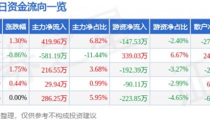 股票行情快报:津滨发展(000897)6月6日主力资金净买入419.96万元