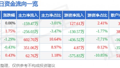 股票行情快报:津滨发展(000897)6月17日主力资金净卖出159.47万元