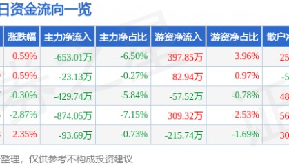 股票行情快报:南方泵业(300145)6月5日主力资金净卖出653.01万元