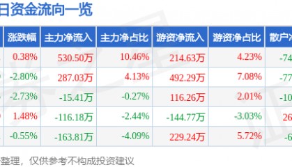 股票行情快报:永清环保(300187)8月29日主力资金净买入530.50万元