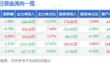 股票行情快报:大连友谊(000679)5月15日主力资金净卖出584.46万元