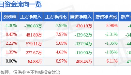股票行情快报:津滨发展(000897)5月9日主力资金净卖出380.80万元