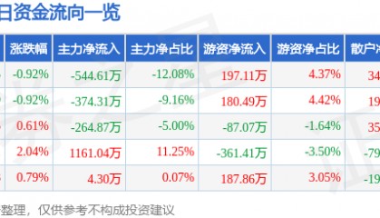 股票行情快报:穗恒运A(000531)8月7日主力资金净卖出544.61万元