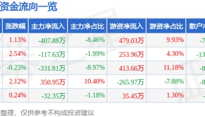 股票行情快报:ST天瑞(300165)8月11日主力资金净卖出407.88万元