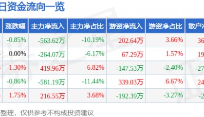 股票行情快报:津滨发展(000897)6月10日主力资金净卖出563.62万元