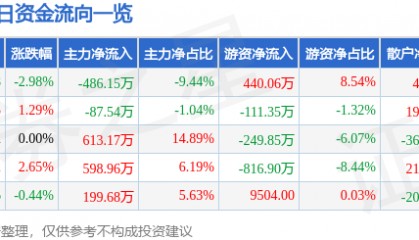 股票行情快报:津滨发展(000897)5月22日主力资金净卖出486.15万元