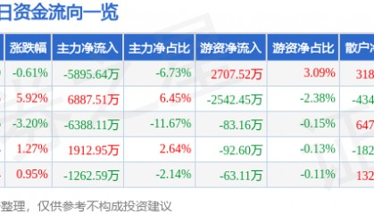股票行情快报:中科信息(300678)12月6日主力资金净卖出5895.64万元
