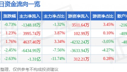 股票行情快报:岩山科技(002195)1月27日主力资金净卖出1348.18万元