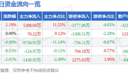 股票行情快报:江海股份(002484)3月5日主力资金净买入5398.04万元