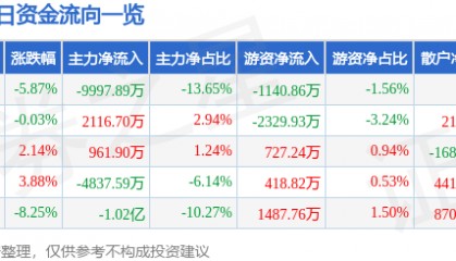 股票行情快报:中科信息(300678)11月22日主力资金净卖出9997.89万元