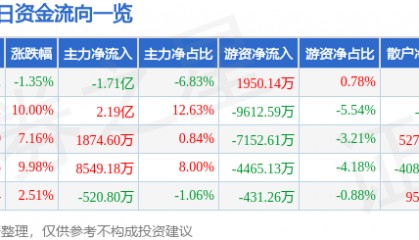 股票行情快报:江海股份(002484)1月10日主力资金净卖出1.71亿元