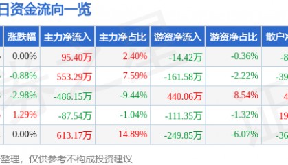 股票行情快报:津滨发展(000897)5月26日主力资金净买入95.40万元