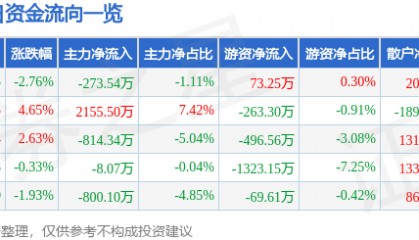 股票行情快报:海利得(002206)9月9日主力资金净卖出273.54万元