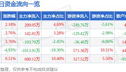 股票行情快报:渝三峡A(000565)11月21日主力资金净买入209.05万元