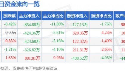 股票行情快报:津滨发展(000897)7月30日主力资金净卖出854.88万元