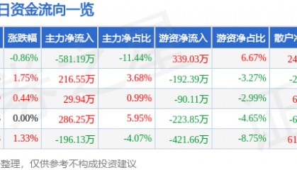 股票行情快报:津滨发展(000897)6月5日主力资金净卖出581.19万元