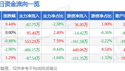 股票行情快报:津滨发展(000897)5月27日主力资金净卖出87.75万元