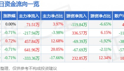 股票行情快报:酒钢宏兴(600307)6月6日主力资金净买入71.51万元