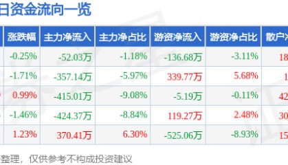 股票行情快报:飞乐音响(600651)5月14日主力资金净卖出52.03万元