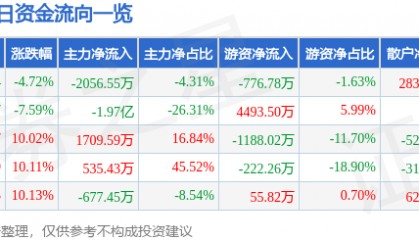 山东墨龙(002490)5月12日主力资金净卖出2056.55万元
