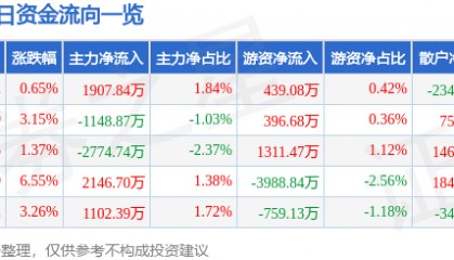 股票行情快报:南方泵业(300145)8月12日主力资金净买入1907.84万元