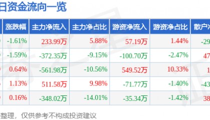 股票行情快报:大连友谊(000679)6月13日主力资金净买入233.99万元