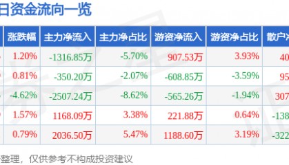 股票行情快报：御银股份（002177）2月20日主力资金净卖出1316.85万元