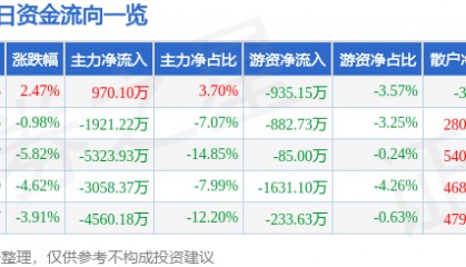 股票行情快报:中科信息(300678)1月7日主力资金净买入970.10万元