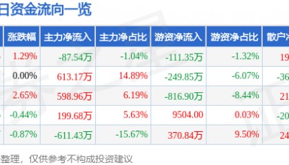 股票行情快报:津滨发展(000897)5月21日主力资金净卖出87.54万元
