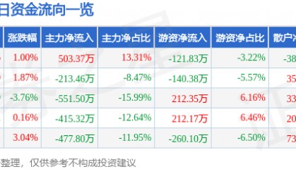 股票行情快报:渝三峡A(000565)12月6日主力资金净买入503.37万元
