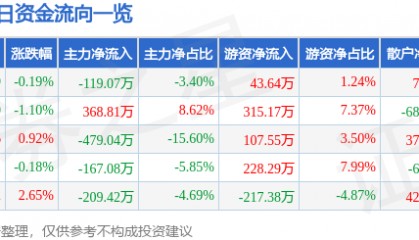 股票行情快报:永清环保(300187)8月7日主力资金净卖出119.07万元