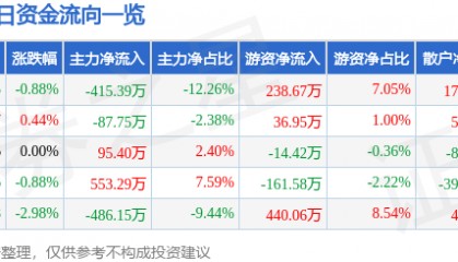股票行情快报:津滨发展(000897)5月28日主力资金净卖出415.39万元