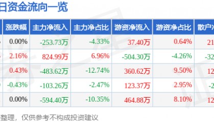 股票行情快报:津滨发展(000897)7月3日主力资金净卖出253.73万元