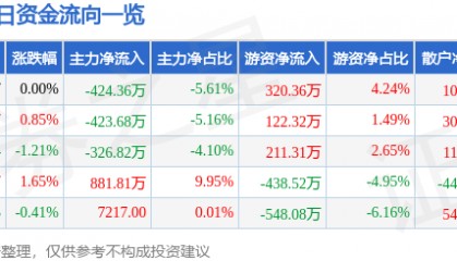 股票行情快报:津滨发展(000897)7月29日主力资金净卖出424.36万元