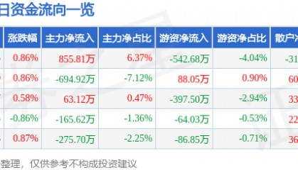 股票行情快报:南方泵业(300145)7月1日主力资金净买入855.81万元