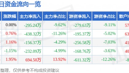 股票行情快报:永清环保(300187)7月9日主力资金净卖出295.24万元