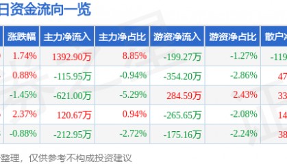 股票行情快报:南方泵业(300145)6月12日主力资金净买入1392.90万元
