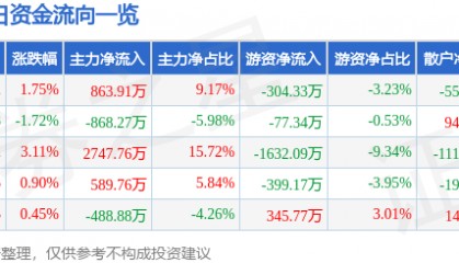 股票行情快报:*ST合泰(002217)12月11日主力资金净买入863.91万元