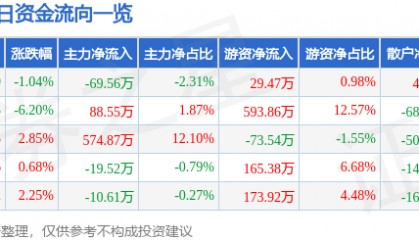 股票行情快报:渝三峡A(000565)12月24日主力资金净卖出69.56万元