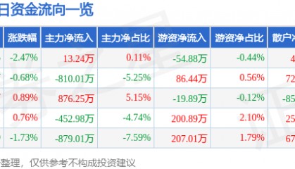 股票行情快报：宝钛股份（600456）12月31日主力资金净买入13.24万元
