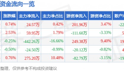 股票行情快报:ST天瑞(300165)7月29日主力资金净买入24.57万元