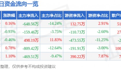 股票行情快报:穗恒运A(000531)9月11日主力资金净卖出648.56万元