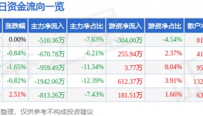股票行情快报:津滨发展(000897)7月16日主力资金净卖出510.36万元