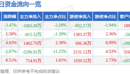股票行情快报:中电环保(300172)6月19日主力资金净卖出1005.28万元