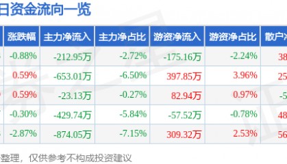股票行情快报:南方泵业(300145)6月6日主力资金净卖出212.95万元