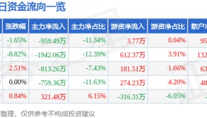 股票行情快报:津滨发展(000897)7月14日主力资金净卖出959.49万元