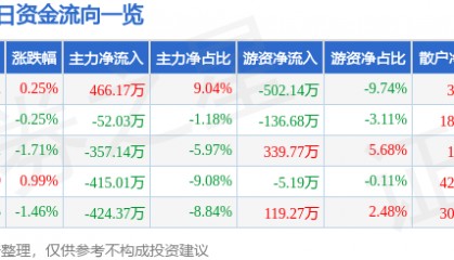 股票行情快报:飞乐音响(600651)5月15日主力资金净买入466.17万元