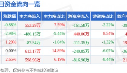 股票行情快报:津滨发展(000897)5月23日主力资金净买入553.29万元
