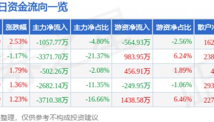股票行情快报:穗恒运A(000531)7月14日主力资金净卖出1057.77万元