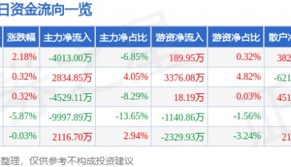 股票行情快报:中科信息(300678)11月27日主力资金净卖出4013.00万元